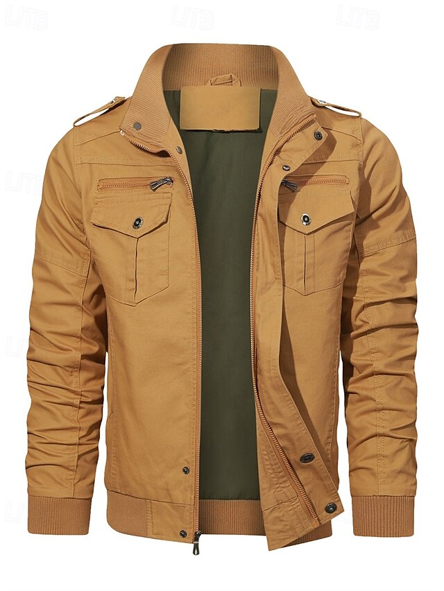  Men's Trucker Jacket Cargo Jacket Casual Jacket Vacation Daily Pocket Spring Fall Plain Fashion Classic Stand Collar Regular Black Khaki Army Green Jacket