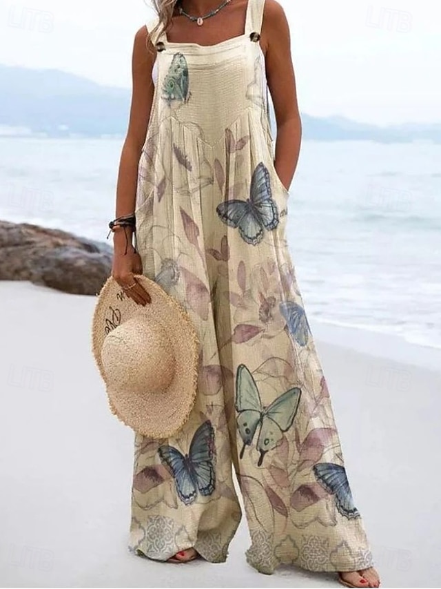  Mujer Conjuntos inspirados en el lino Activo Floral Sin Mangas Perneras anchas Vacaciones Hogar Holgado Negro Blanco Amarillo Verano