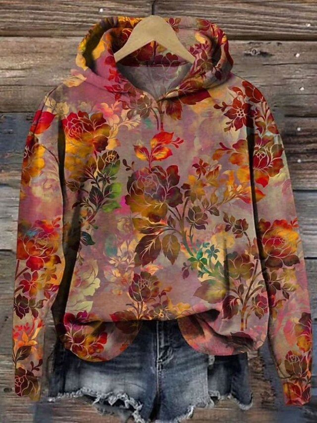 Women's Hoodie Pullover Sweatshirt Oversized Long Sleeve Casual Graphic Floral Warm Vintage Hooded Regular Tops Street Dailywear Print Red Blue Green Spring Fall Winter4