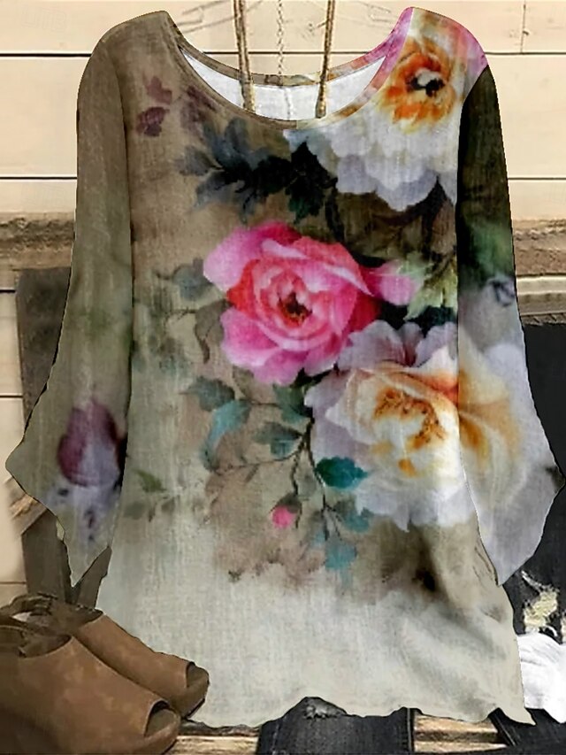 Women's Shirt Floral Stylish 3/4 Length Sleeve Crew Neck Regular Tops Daily Holiday Print Sage Green Blue Green Summer4