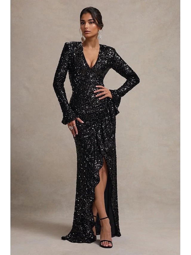  Robe de soirée sirène  trompette paillettes extensibles élégante robe de mariage formelle longueur sol manches longues encolure carrée étincelante avec volants et fente