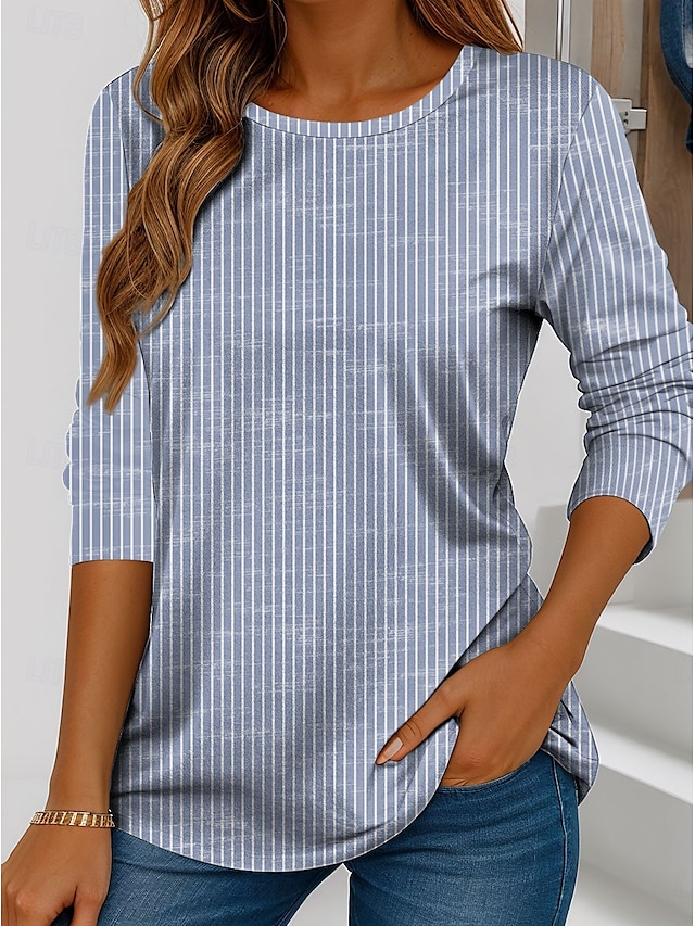  Damen T Shirt Gestreift Basic Langarm Rundhalsausschnitt Normale Oberteile Täglich Wochenende Bedruckt Rosa Blau Grün Grau Herbst Winter