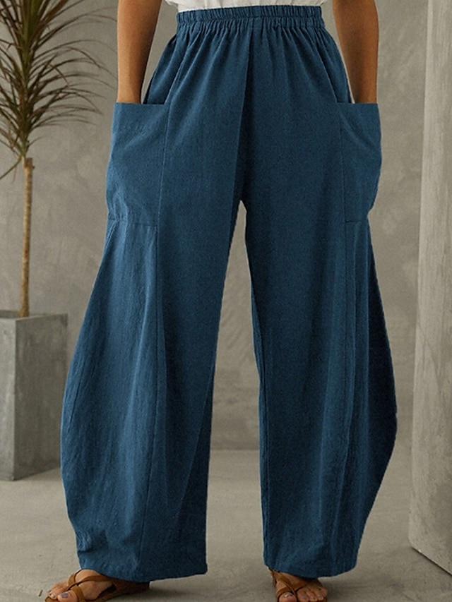  Femmes Pantalon en coton et lin Culottes Jambe Large Jambe large Mode Occasionnel Longueur complète Taille Moyenne Uni Taille Élastique Respirant Confortable Micro-Élastique Rue Tenue quotidienne