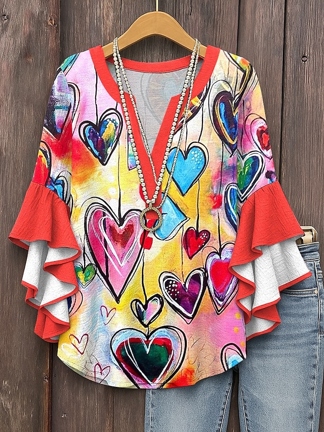  Women's Blouse Heart Graphic Bohemia Vintage Daily 3/4 Length Sleeve V Neck Regular Tops Daily Holiday Print Red Blue Purple Green Summer Spring Fall