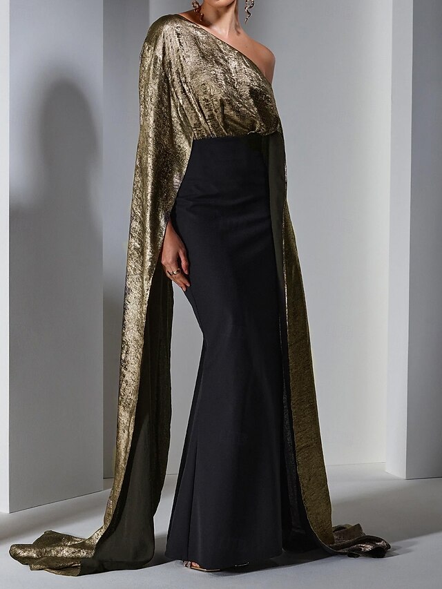  vestido de capa preto estilo sereia/trompete, elegante, formal, casamento, cauda longa/escova, um ombro só, tecido lurex, crepe elástico com detalhes franzidos 2025