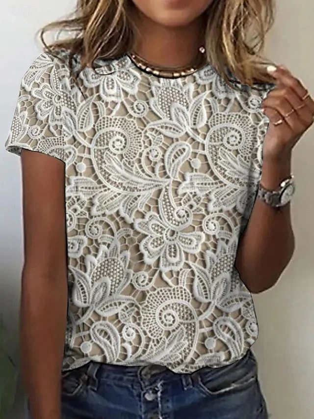 Women's T Shirt Graphic Paisley Plants Elegant Casual Short Sleeve Crew Neck Round Neck Regular Tops Daily Print Black White Khaki Summer4