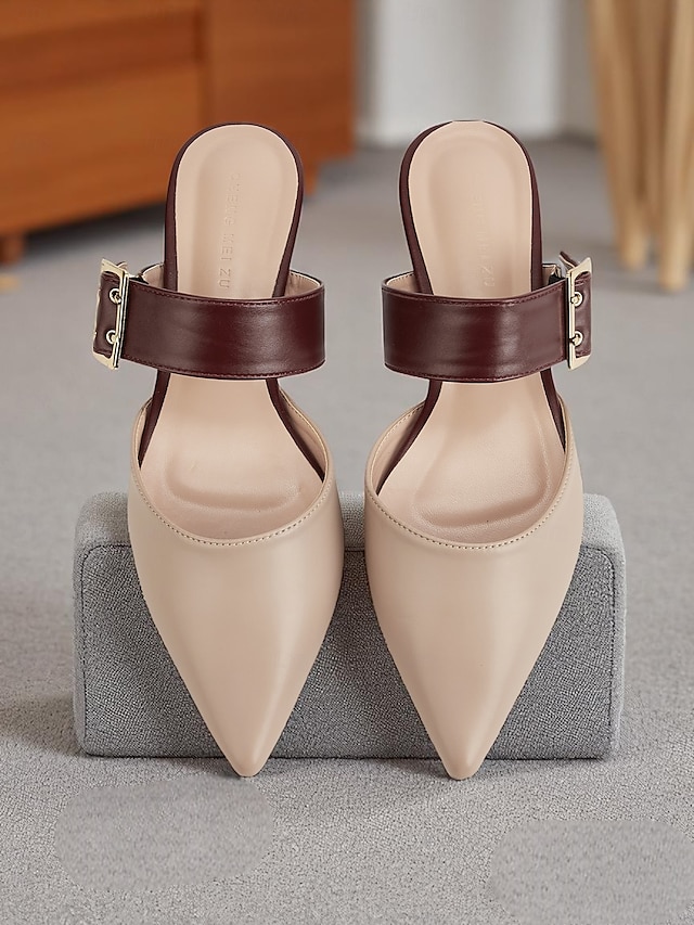  mules slip-on da donna con punta affilata e cinturino con fibbia, eleganti ballerine bicolore per appuntamenti casual e per l'uso quotidiano