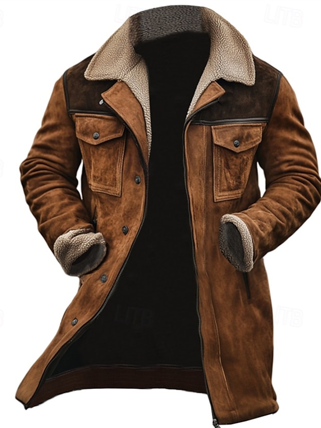  Herr Vinterjacka Fleece-jacka Vardaglig jacka Semester Dagligen Håller värmen Ficka Fleece Höst Vinter Färgblock Mode Streetwear Kavajslag Lång Brun Kaffe Jacka