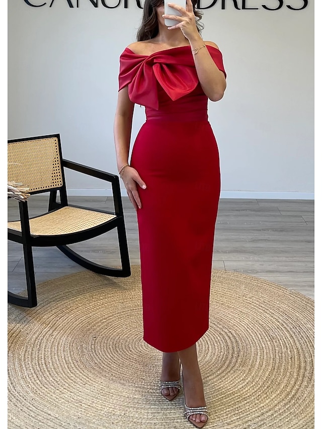  Rotes Etuikleid  Column Cocktailkleider Elegante Formelle Hochzeitsgast knöchellang ärmellos Off-Shoulder Satin mit Schleife(n)