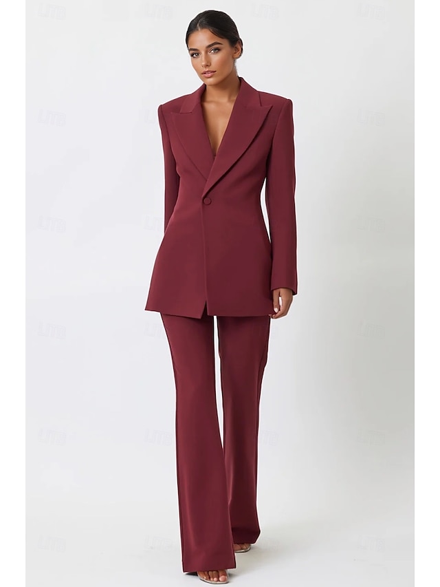  Burghundy Zweiteiliges Hosenanzug Brautmutterkleid Elegant Minimalistisch Lässig Revers Bodenlang Langarm mit Knöpfen