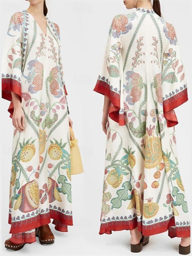  Dame Lang kjole Maxikjole Swingkjole Print kjole Klassisk Moderne utendørs Ut på byen Normal Blomsternål i krystall Langermet V-hals Svart Hvit Rosa Mørkeblå Høst