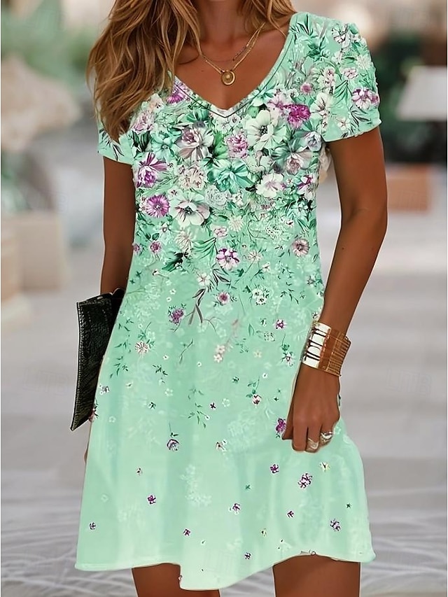  Dam Mini klänning T shirtklänning Solklänning A linjeklänning Semester Ledigt Strandstil Utekväll Strand Normal Blommig Grafisk Kortärmad V-hals Gul Rodnande Rosa Blå Purpur Sommar