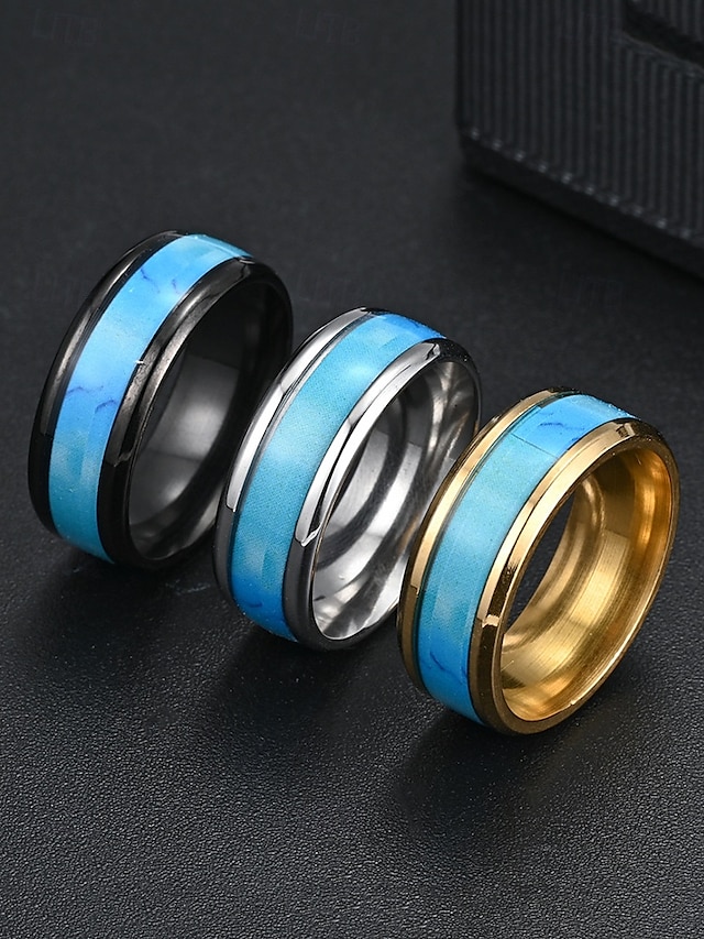  Anello da uomo in acciaio inossidabile con intarsio turchese blu, fascia lucida comfort fit, gioiello in stile western da indossare ogni giorno, matrimoni o regali