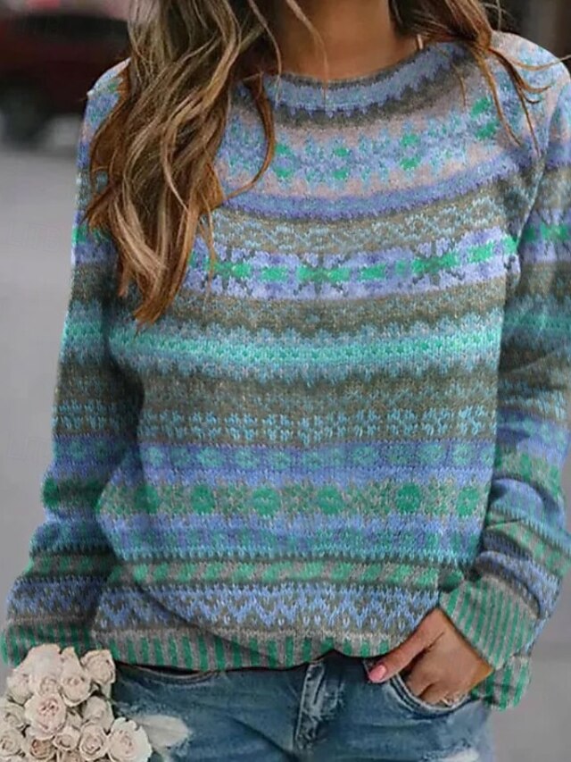 Women's Sweater Fair Isle Sweater Pullover Casual Soft Floral Ribbed Crew Neck Knitted Print Long Sleeve Regular Tops Knit Outdoor Daily Holiday Red Blue Fall Winter4