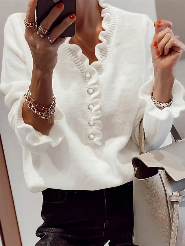  Per donna Felpa Casual Morbido Colore Puro A Coste Scollo a V Bottoni Lavorato a maglia Manica Lunga Top Regolari Maglia All'aperto Quotidiano Weekend Nero Bianco Estate Primavera