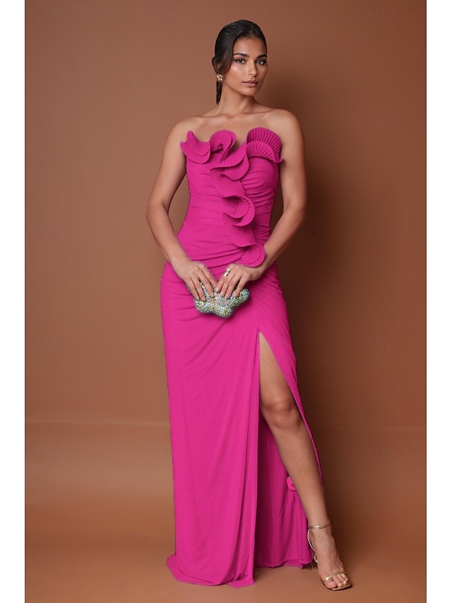  Meerjungfrau  Trompeten Abendkleid Elegantes Kleid Formelles Semi Formelles Hochzeits Bodenlang Ärmellos Trägerlos Stretch Chiffon mit gerafften Rüschen Schlitz