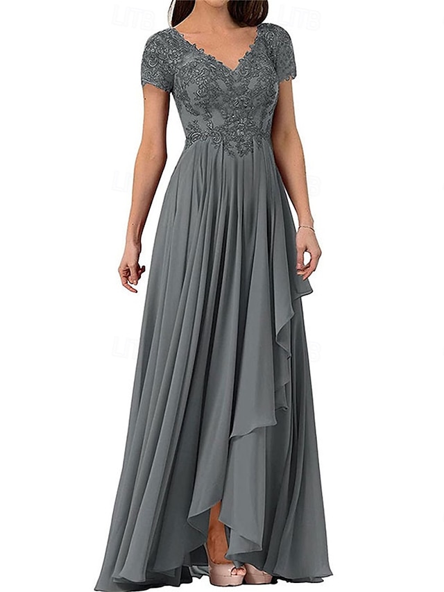  Ligne A Robe de Mère de Mariée  Élégant Simple Col en V Longueur au sol Chiffon Manche Courte avec Couleur Unie 2025