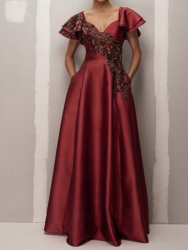Rust A-Line Evening Gown Elegant Dress Formal Wedding Floor Length Ruffle Short Sleeve Satin with Beaded Lace Applique and Pockets4