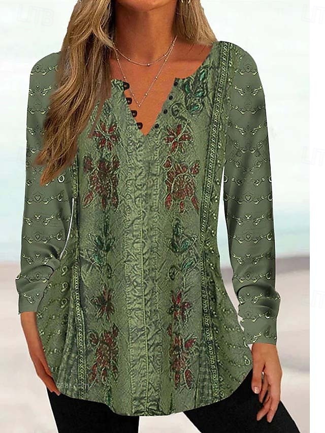 Women's Tunic Shirt Henley Shirt Blouse Tunic Basic Floral Buttons Print Long Sleeve Regular Tops Round Neck Casual Holiday Yellow Pink Green Gray Light Blue Spring & Fall Prefall 7