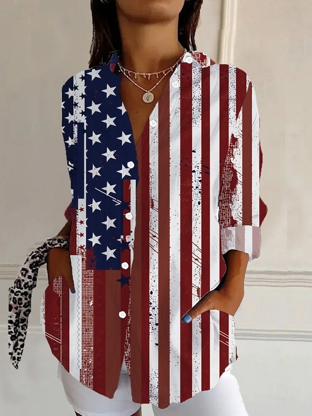  Independence Day Women's Patriotic Fourth of July Shirt Graphic Flag Vintage Tropical Stylish Long Sleeve Shirt Collar Regular Tops Work Daily Buttons Print Black White Red Light Blue  Fall