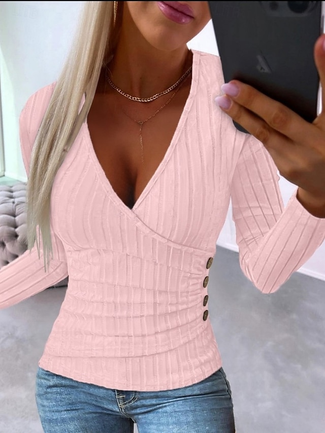  Dame Bluse Helfarge Stilfull Fritid Langermet V-hals Vanlige topper Daglig Knapper Svart Rosa Grå Sommer Vår