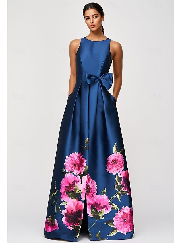  Blue A-Line Evening Gown Elegant Dress Formal Wedding Floor Length Sleeveless High Neck Pocket Satin with Floral Print