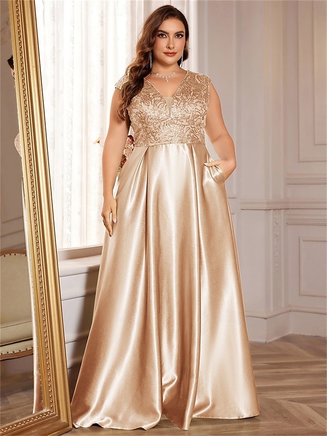  Robe A-Line Grande Taille Élégante Robe Courbe De Mariage Formelle Longue Au Sol Manches Courtes Col en V Satin Dos Nu Avec Plis 2025