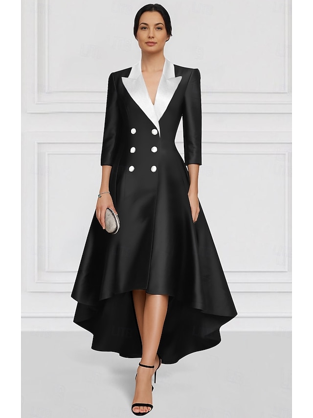  Schwarz-weiß Blazer Dress A-Linie Mutter der Braut Kleid Elegant Revers Asymmetrisch Knöchellang Satin Langarm mit Farbkombination