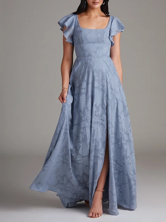  A-linje Bridesmaid Klänning Scoophals Ärmlös Elegant Golvlängd Chiffon med Volanger  Delad Framsida