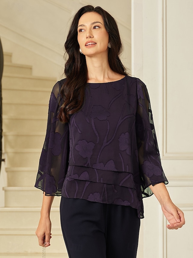  Damen Spitzenbluse Bluse Elegante Oberteile Chiffon Tops Einfarbig Blumen Elegant Stilvoll Halbarm Flattrige Ärmel U-Boot-Ausschnitt Normale Oberteile Hochzeitsgast Arbeit Täglich Asymmetrischer Saum