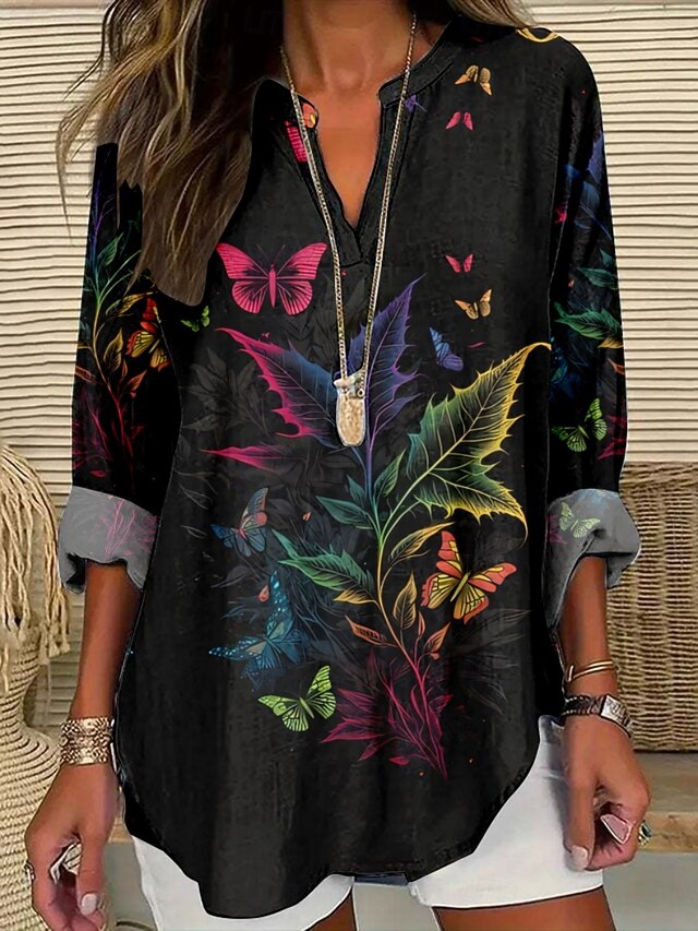 Women's Blouse Floral Butterfly Stylish Modern Long Sleeve V Neck Regular Tops Daily Holiday Print Black Purple Summer4