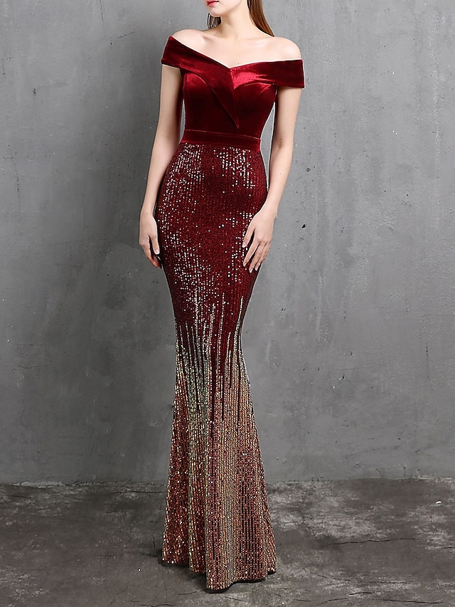  Mermaid / Trumpet Evening Gown Elegant Dress Formal Wedding Floor Length Short Sleeve Off Shoulder Velvet with Beading