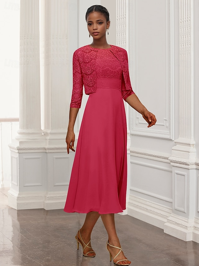  Robe 2 pièces Sheath  Colonne Mère de la mariée Robe Élégante Simple Col bijou Longueur genou Tissu extensible Veste à manches 3/4 Robes avec appliques brodées
