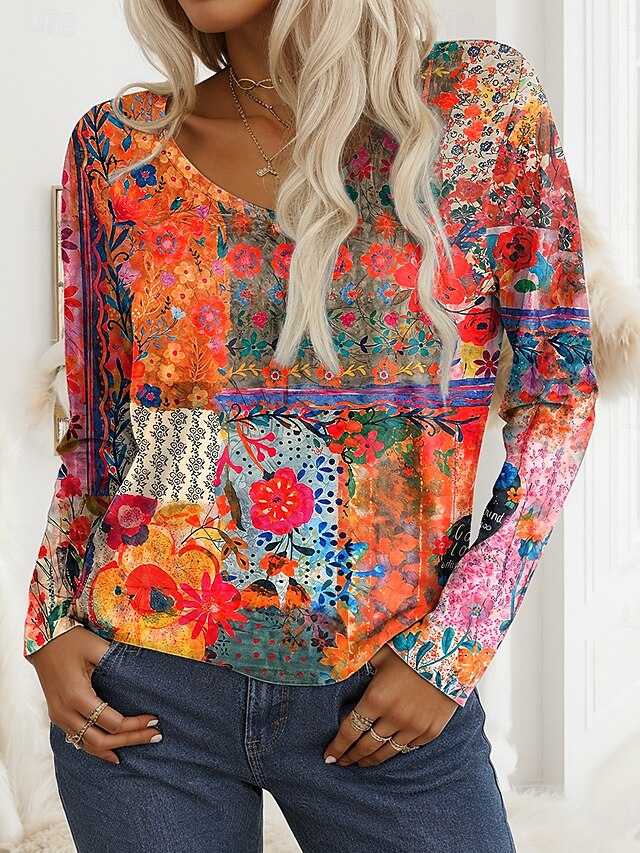  Femmes T-shirt Fleuri Graphique Plantes ancien Élégant Occasionnel manche longue Col en V Hauts Réguliers Quotidien Week-end Imprimé Rose Claire Bleu Orange Printemps Automne