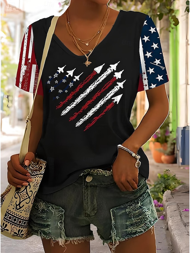  Independence Day Women's Patriotic Fourth of July T Shirt Heart Graphic American Flag Vintage Stylish Classic Short Sleeve V Neck Regular Tops Daily Weekend Print Black Red Blue Gray Summer Spring
