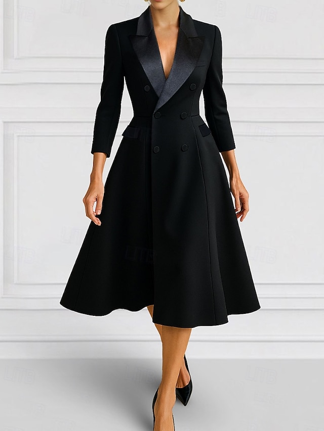  A-Line Blazer Dress Mother of the Bride Dress Tuxedo Dress Elegant Simple Minimalist V Neck Peak Lapel Tea Length Midi Length Flap Pockets Stretch Crepe 3/4 Length Sleeve with Covered Buttons