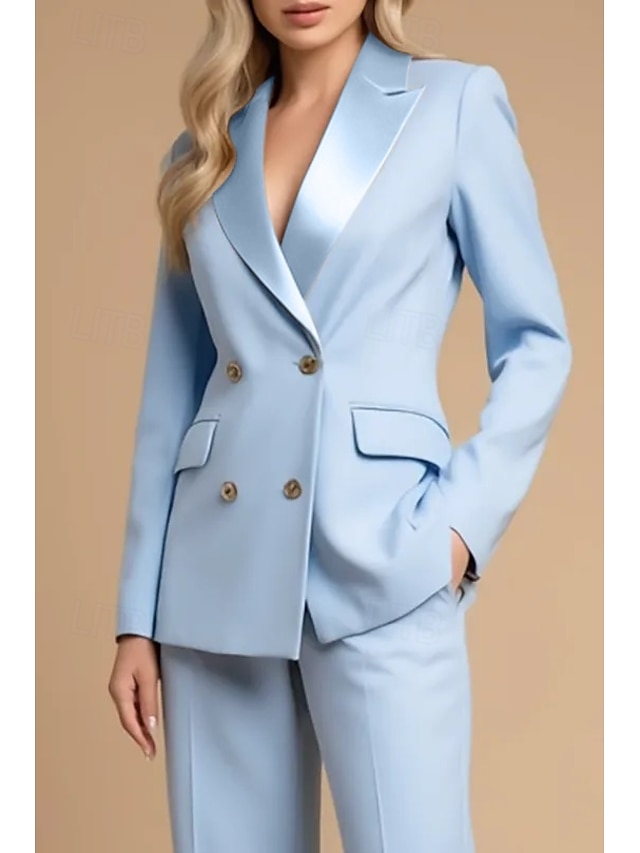  Blauer Zweiteiliger Hosenanzug Mutter der Braut Hochzeit Elegant Vintage Minimalistisch Revers Bodenlang Stretch-Stoff Langarm mit Knöpfen