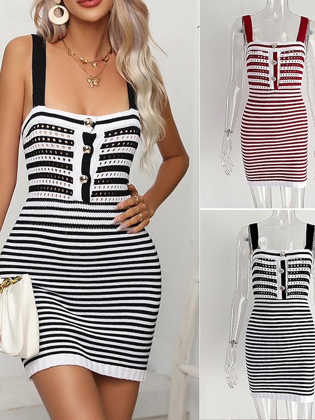  Pentru femei Rochie Mini Rochie casual Rochie de vară Rochie Slip Modă În aer liber Petrecere Concediu Fit regulat Dungi Fără manșon Curele de Negru Roșu-aprins Vară