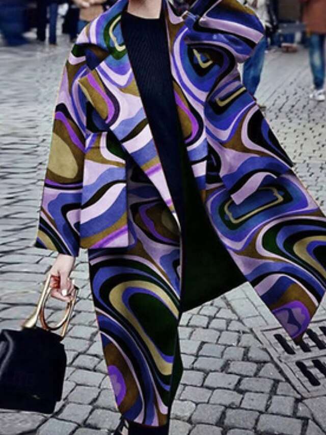 Women's Trench Coat Comfortable Pocket Print Fashion Modern Floral Outdoor Vacation Open Front Long Turndown Regular Fit Long Sleeve Outerwear Red Purple Green Fall Winter4