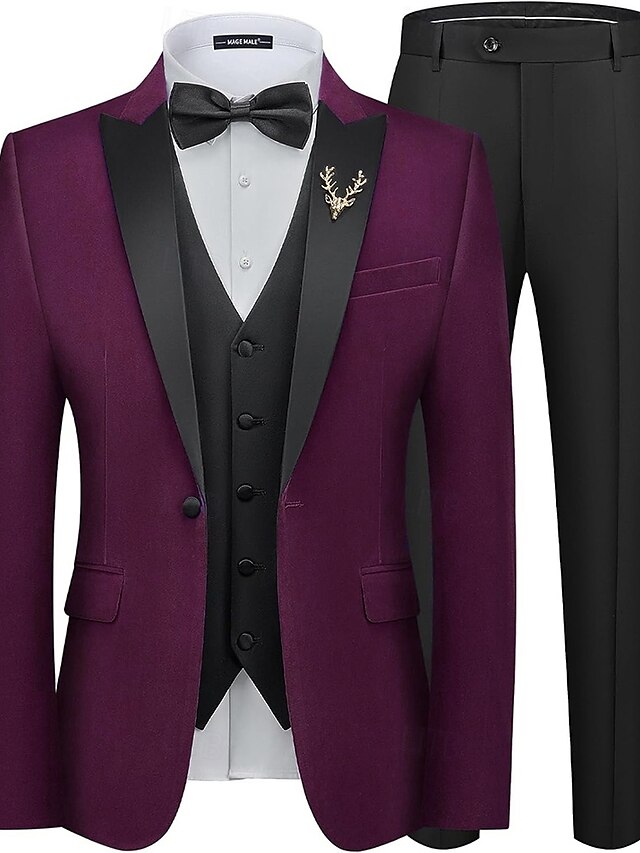  Trajes de Fiesta de Boda para Hombre Trajes de Regreso a Casa Smoking Burdeos Uva Moda Formal Color Sólido Ajuste Estándar 3 Piezas Doble Botón Dos botones