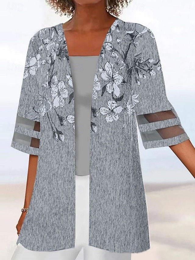  Femmes Veste Décontractée Respirant Confortable Patchwork Imprimé Occasionnel Fleuri Vacances Rue Tenue quotidienne Sortir Ouvert devant Régulier Sans Col Coupe régulière Manche 3/4 Vêtements