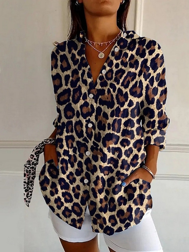  Women's Shirt Leopard Striped Active Daily Stylish Long Sleeve Shirt Collar Regular Tops Daily Holiday Buttons Print White Brown Spring Fall