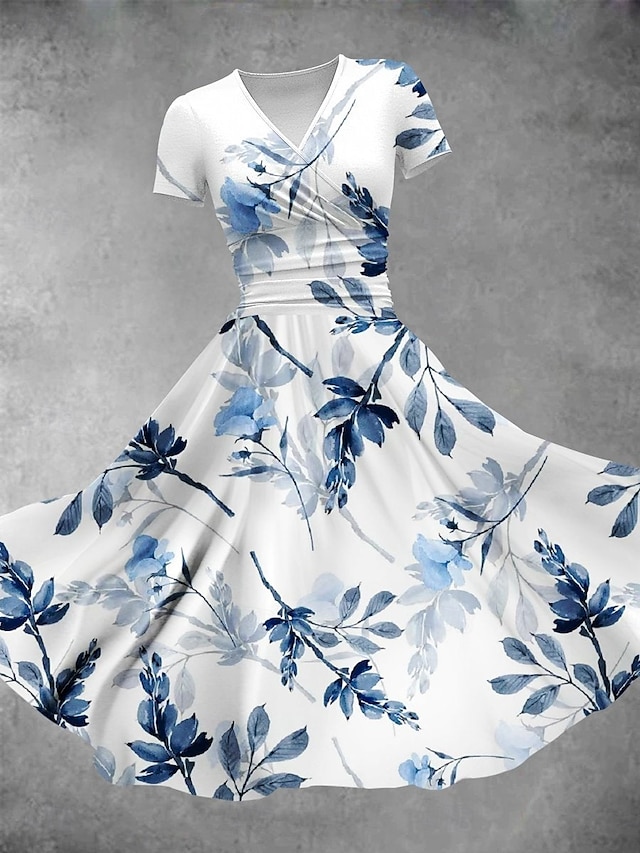  Pentru femei Rochii Midi Rochie de vară Rochie Fit And Flare Petrecere Casual Zilnic Concediu Fit regulat Floral Grafic Manșon scurt În V Galben Roșu-aprins Albastru piscină Mov Vară