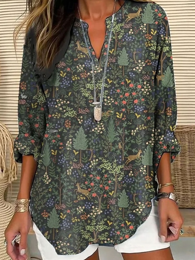  Dam Blus Blommig Grafisk Elegant Stylish Långärmad V-hals Vanliga toppar Dagligen Helgdag Mönster Svart Rubinrött Blå Grön Vår Höst