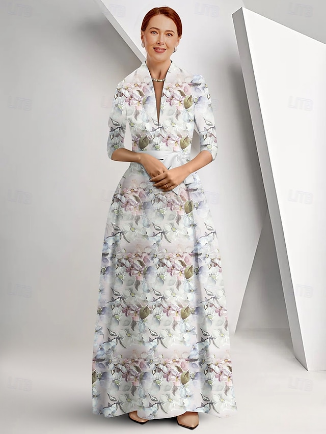  Abito A-Line Madre della sposa Abito elegante Collo alla regina Anna Lunghezza totale in raso Manica 3/4 con fiocco(i) Abito per il giorno della corsa Abito per invitati al matrimonio