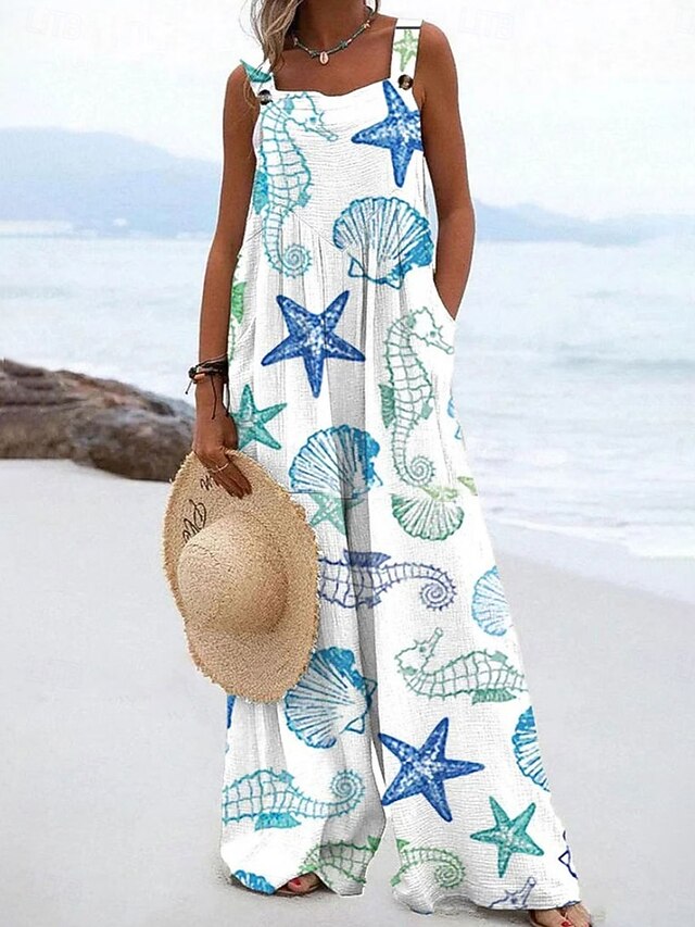 Women's Dungarees Active Graphic Sleeveless Wide Leg Vacation Street Loose Fit White Blue Green Summer4