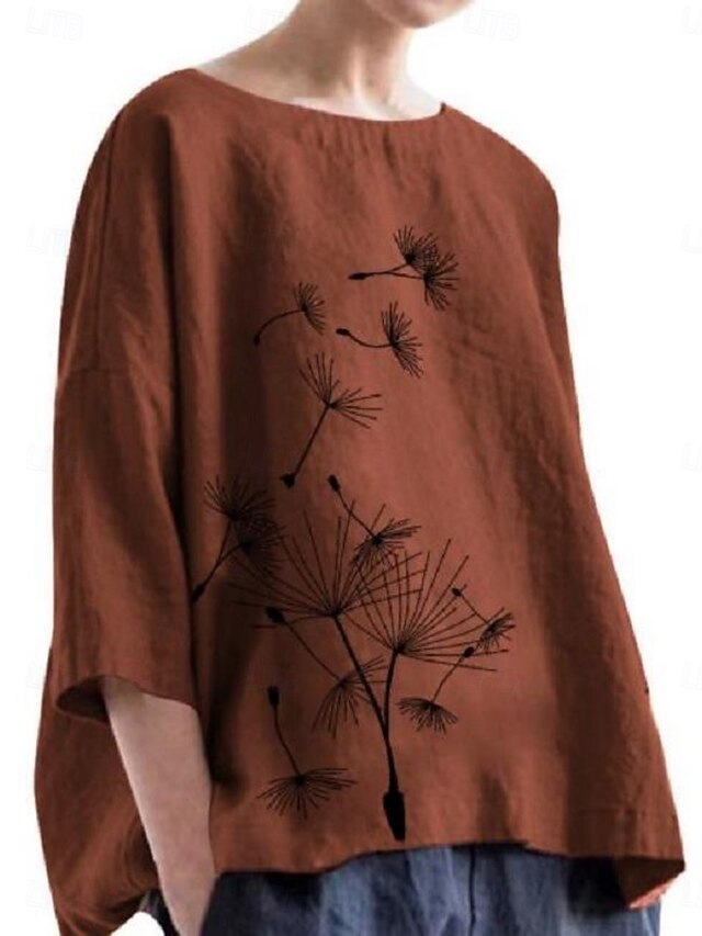 Women's Blouse Floral Daily Casual 3/4 Length Sleeve Crew Neck Regular Tops Daily Print Pink Brown Summer4