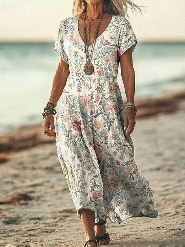 Summer Picnic Floral Print High Low Midi Dress Khaki