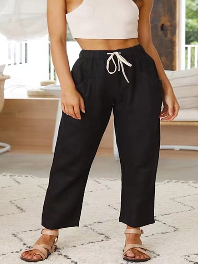  Per donna Pantaloni in cotone e lino Pantaloni Eleganti Streetwear Casual Lunghezza intera Naturale Semplice Tasca Design con Coulisse Elastica Comodo All'aperto Confortevole Ferie Abbigliamento