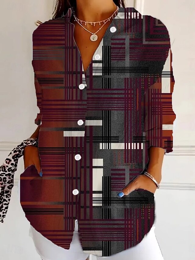 Women's Shirt Button Down Tunic Shirt Collar Long Sleeve Graphic Geometric Striped Vintage Tropical Daily Regular Tops Work Daily Holiday s Print Wine Red Khaki Spring Fall4